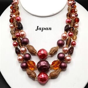 Vintage Japan Art Glass Necklace, Plum Pink Topaz, 1950s Vintage Jewelry